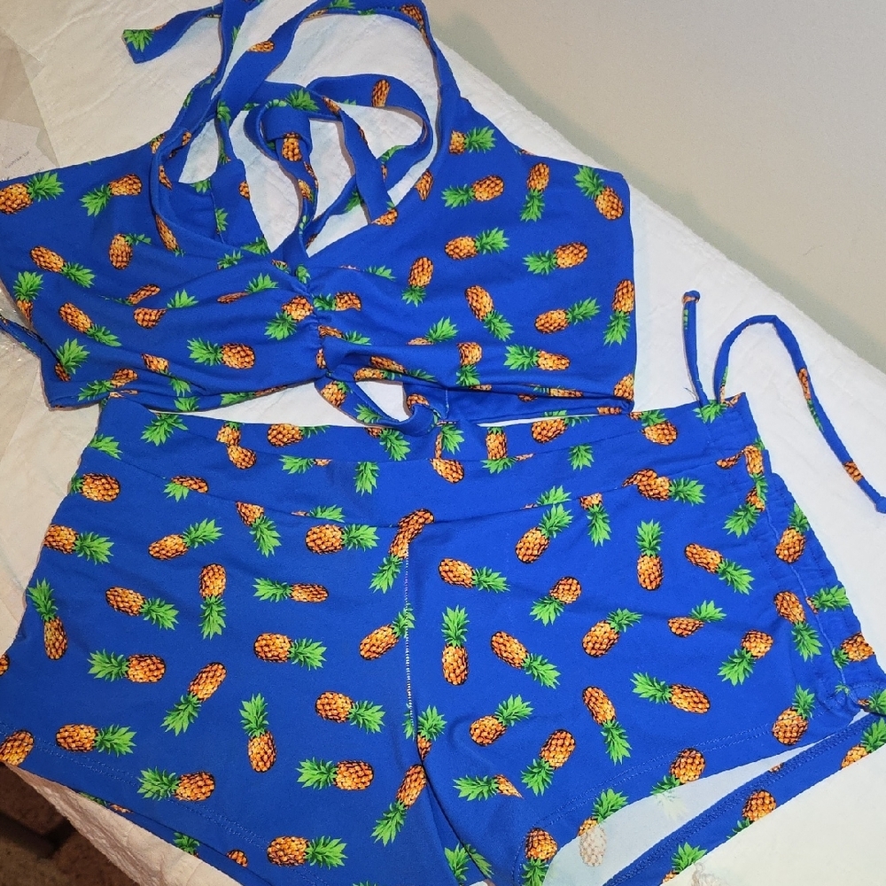 Blue Pineapple Print Bikini Set
